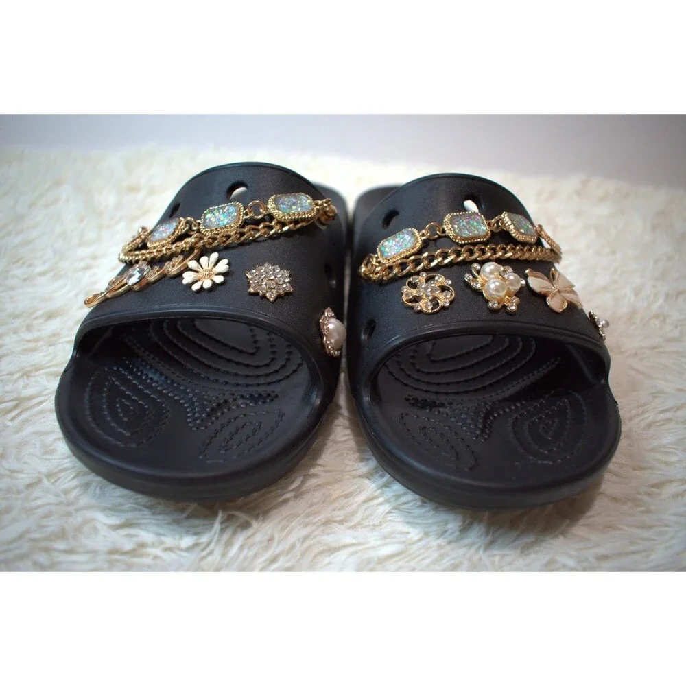 Crocs Slides Customized with Gold Luxe Charms (206761‑001 ) - Women's Size 10